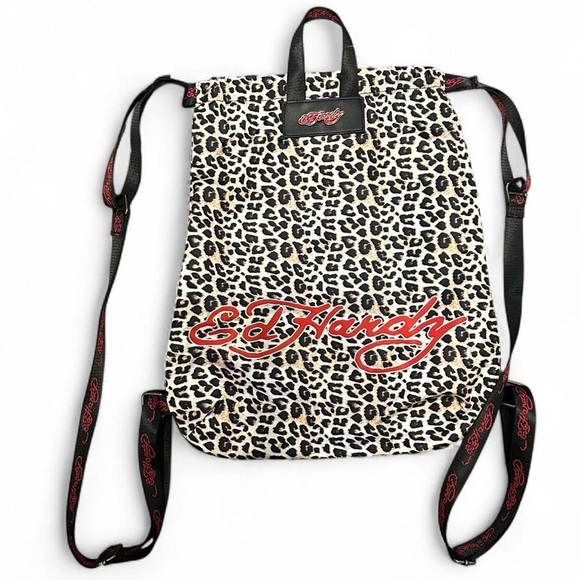 NWT Ed Hardy Eternal Love Leopard Print Drawstring Backpack NWT Red Rhinestones - Picture 6 of 11